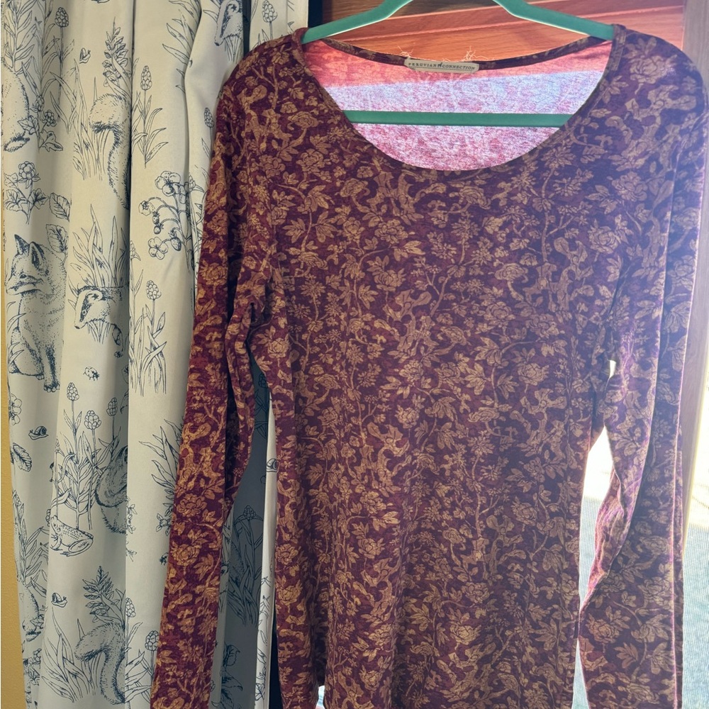 Peruvian Connection Burgundy Floral Long Sleeve Top